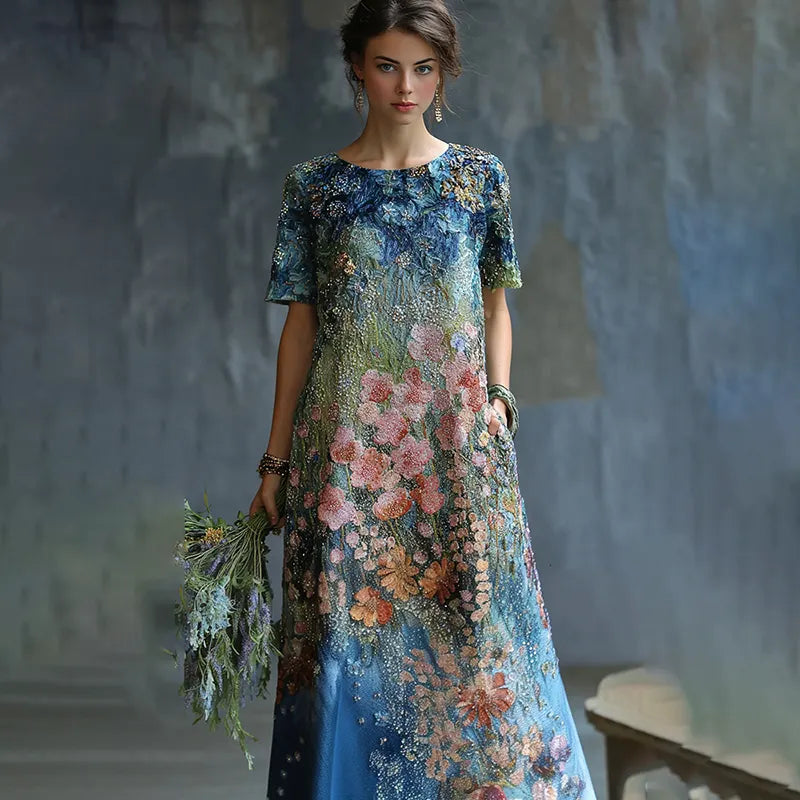 Women's Oil Painting Floral Contrast Color Sequined Maxi Dress