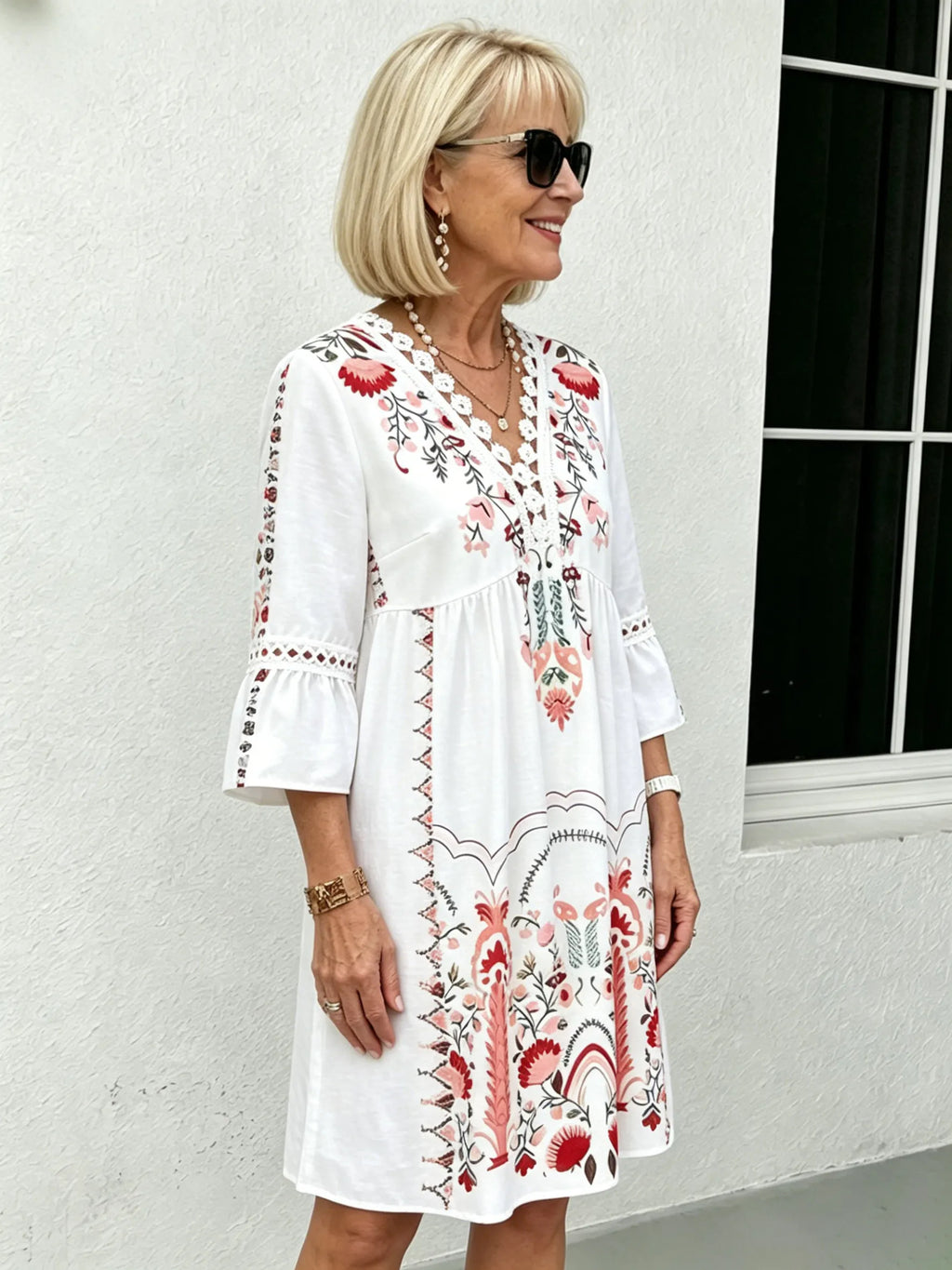 V-neck Printed Lace Stitching Bohemian Casual Vacation Style Dress