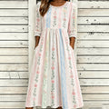 Women's Vintage Floral Embroidered Patchwork Art Round Neck Midi Dress
