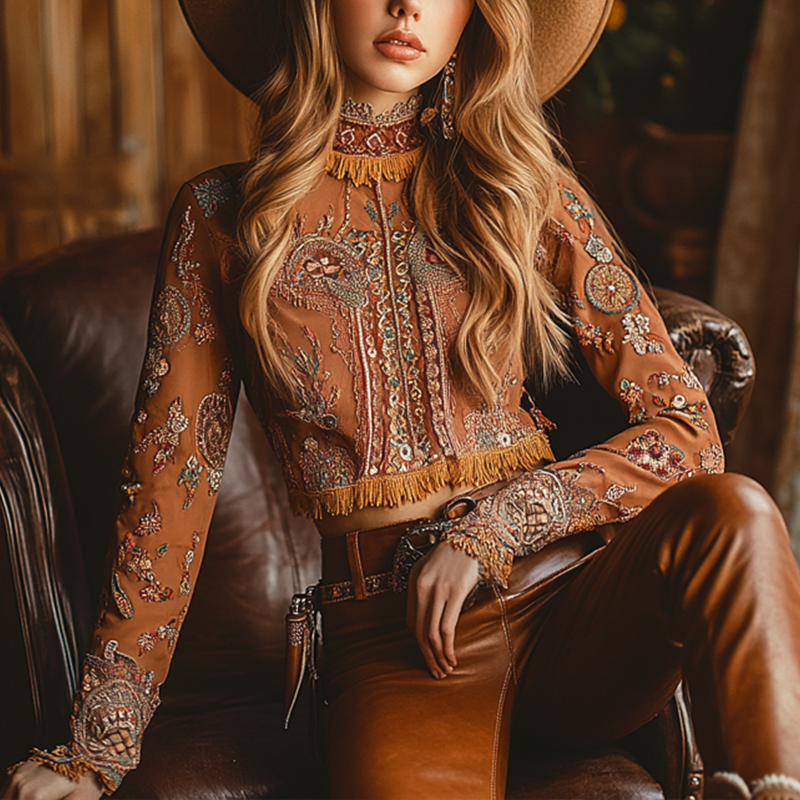 Women's Pendant Embroidery Pattern West Cowboy Bohemian Elegance Ethnic Patterns Crop Top