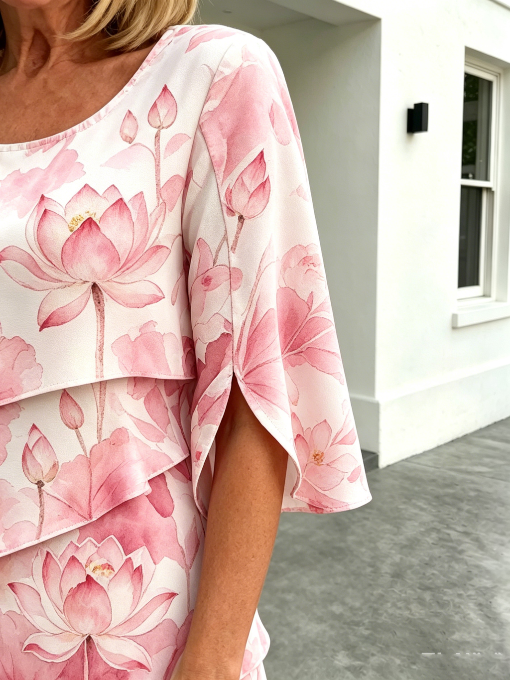 Chiffon Lotus Vacation Prints Color Round Neck Cake Skirt Splicing Dress Mid-length