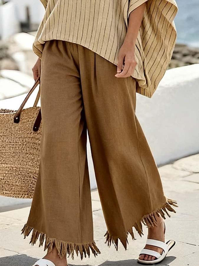 Women'S Loose-Fitting Batwing Sleeve Top And Striped Tassel Pants Set.