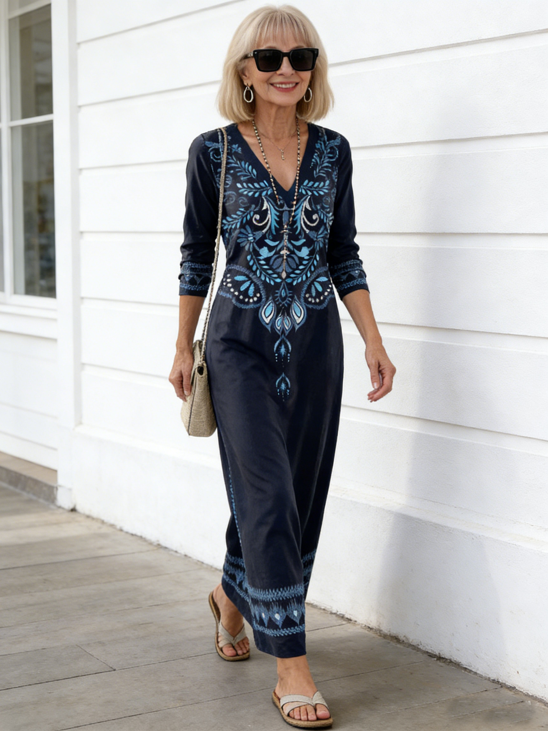 Digital Printing V-neck Long-sleeved Dress