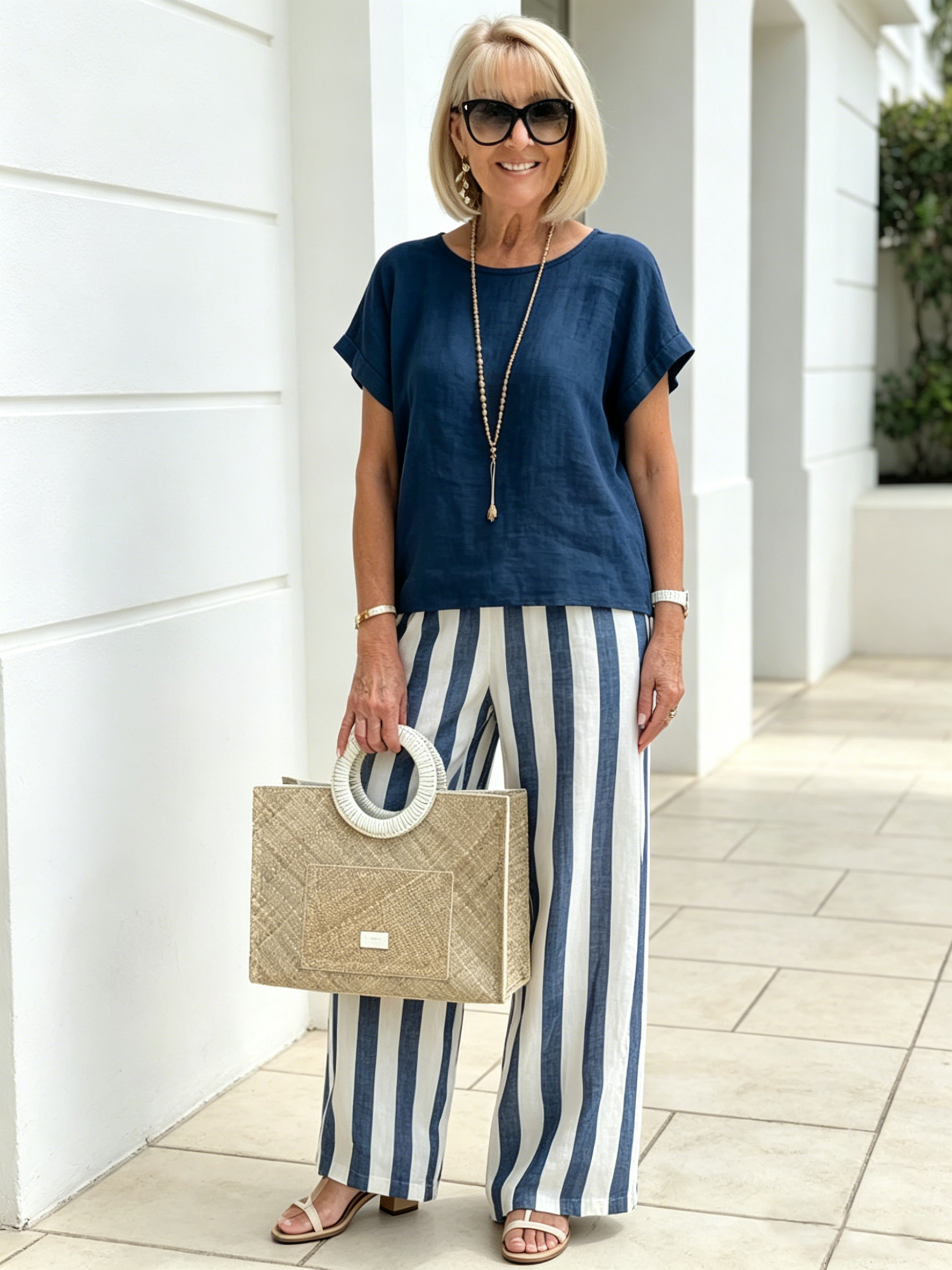 2Pcs Striped Cotton and Linen Two-piece Set