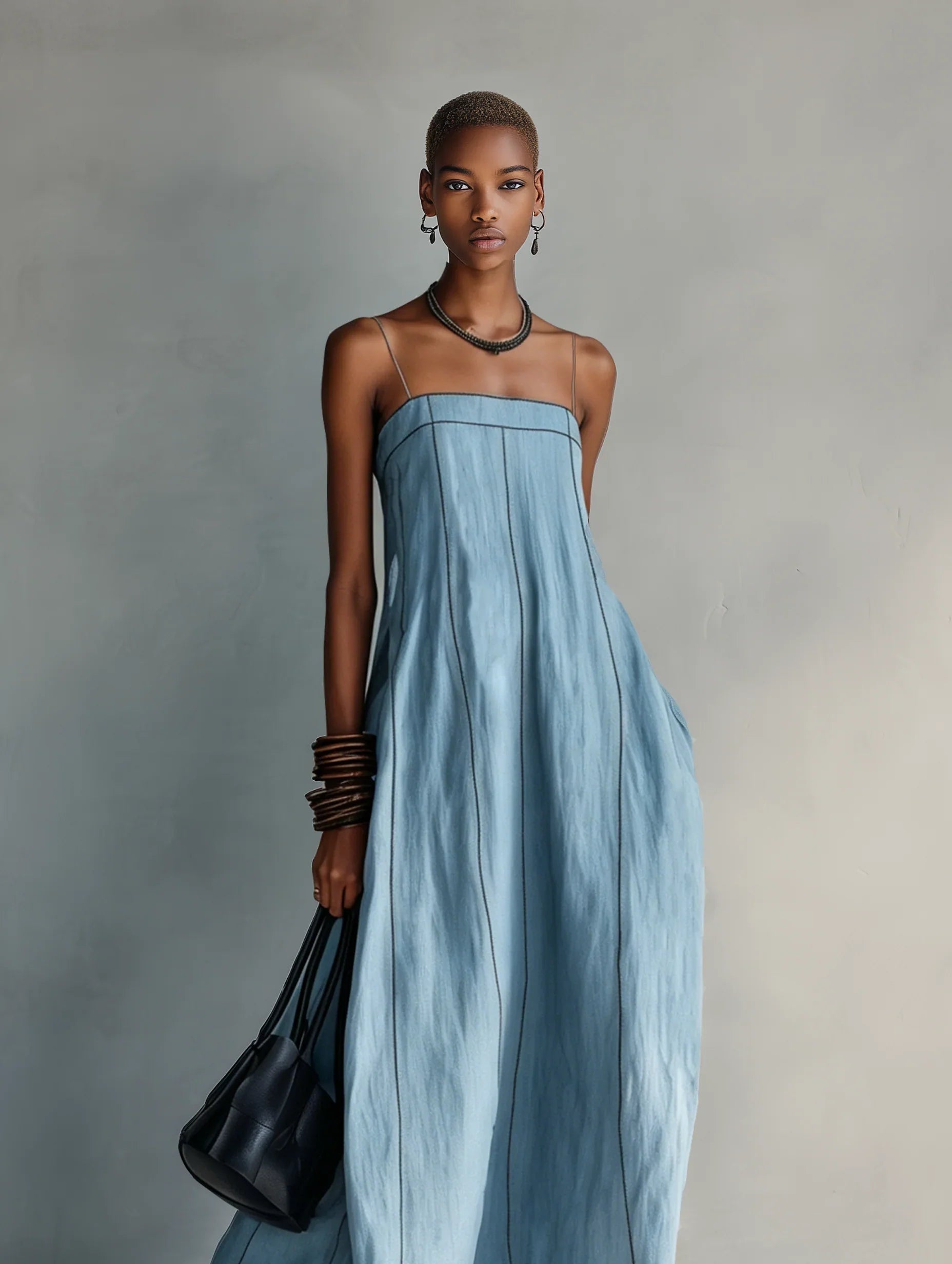 Light Blue Thin Stitch Linen Slip Maxi Dress