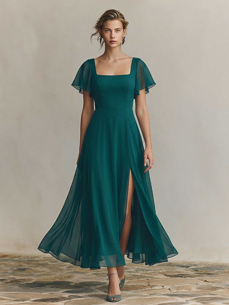 Women's Emerald Green Chiffon Maxi Dress With Square Neck & Flutter Sleeves, Timeless Formal Bridesmaid Gown MDZ2300D1LYL