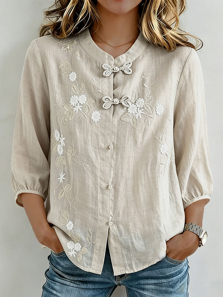 Women's Artistic Floral Embroidery Cotton Linen Casual Three-quarter Sleeve Top