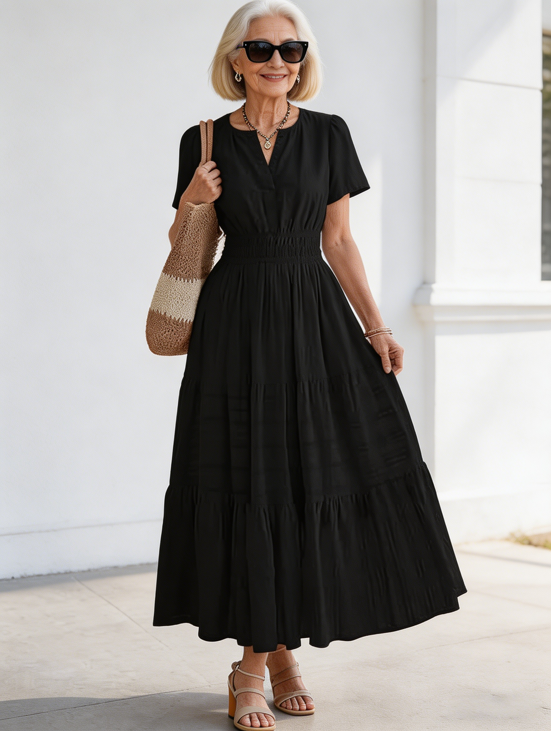 Cotton Fashion V-neck Pleated Bubble Sleeves Layered Pendulum Dress Women