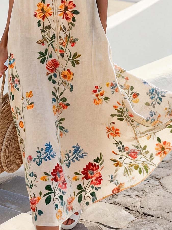Women'S Round Neck Sleeveless Color-Block Printed Dress