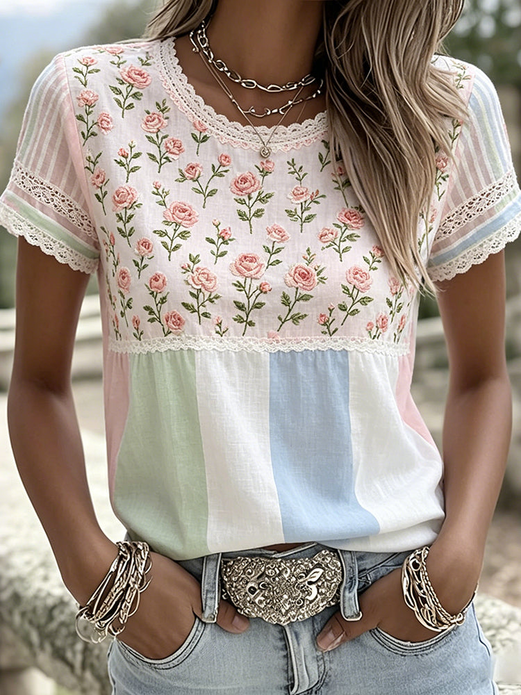 Pink Floral Art Embroidered Spliced Striped Comfortable Cotton Linen Crew Neck T-shirt