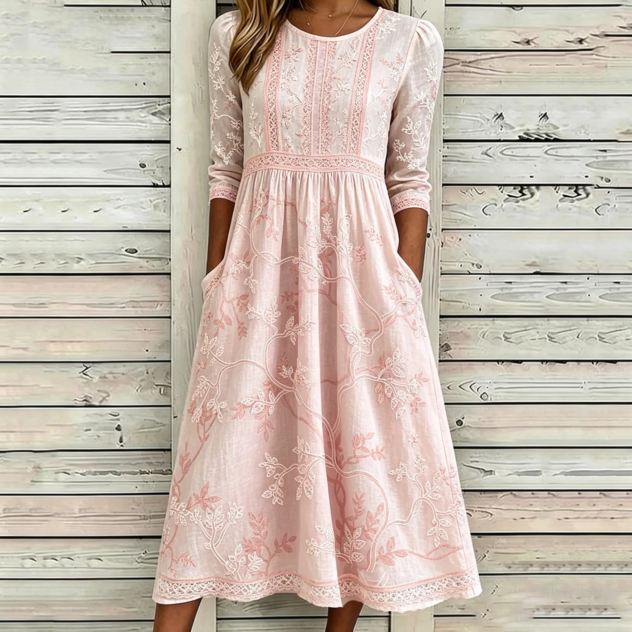 Women's Vintage Floral Art Flowy Linen Round Neck Dress