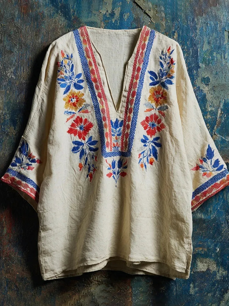 Vintage Boho Floral Embroidery Women's Linen V-neck Shirt
