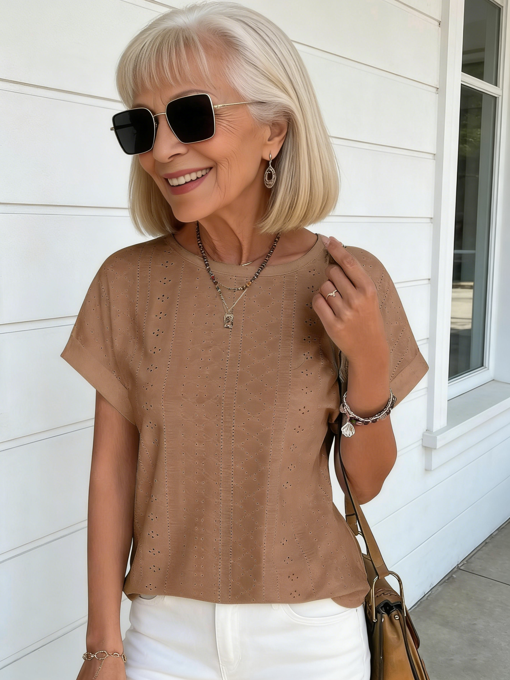 Textured Fabric Solid Color Crew Neck Loose Short Sleeve T-Shirt Top Women