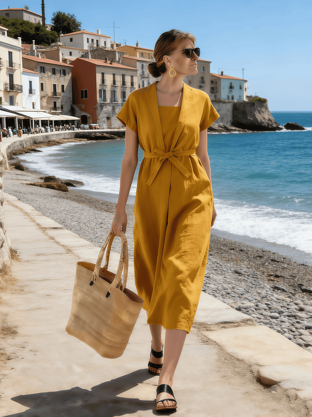 Women's V-Neck Short-Sleeved Dress With Tie Detail