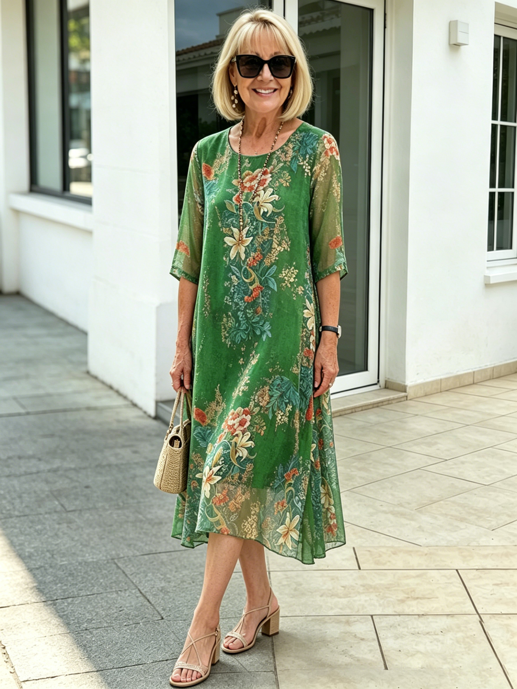 Black Floral Chiffon Midi Dress, Loose Tummy Hiding 3/4 Sleeve Printed Dress for Mature Women