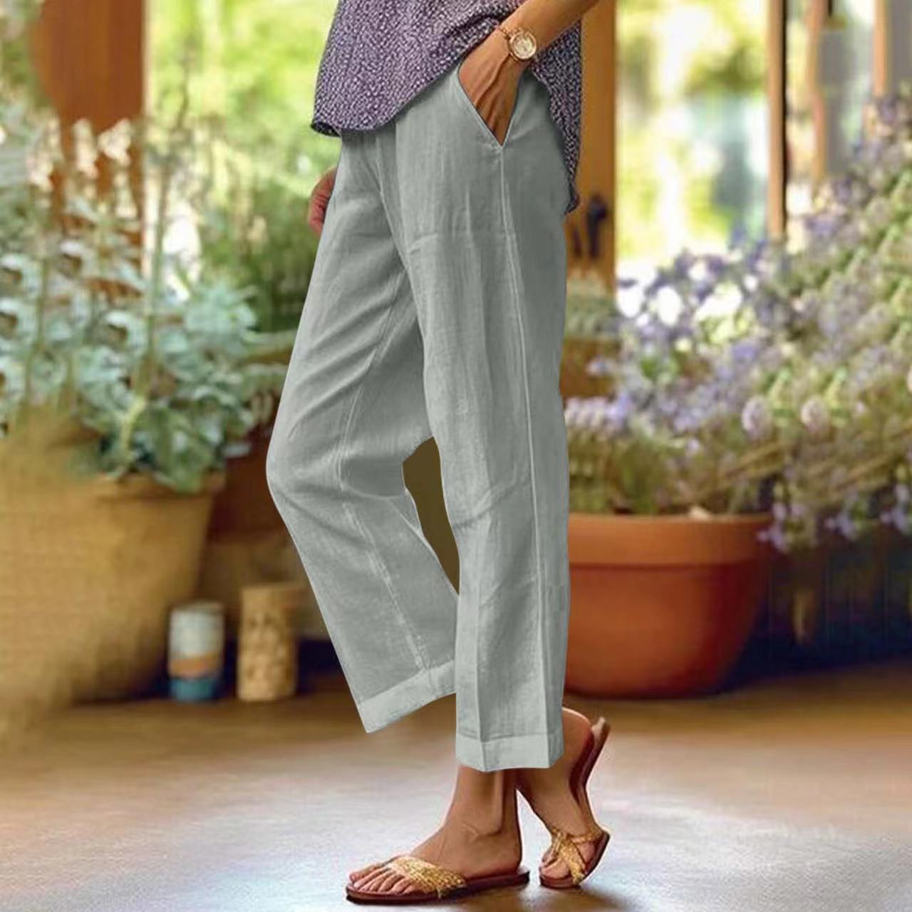 Cotton and Linen Loose Solid Color Elastic Waist Pocket Straight Casual Pants