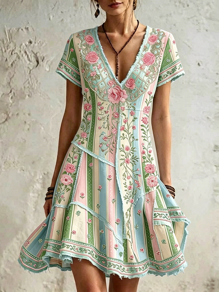 Women's Retro Rose Floral Embroidery Pattern Short Sleeve Linen Dress