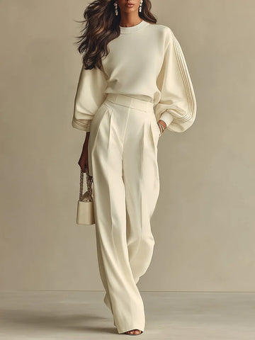 Women's Ivory Textured Set With Ribbed Crew Neck & High-Waisted Bottoms, Modern Sophisticated Style Set MDA2231L6I