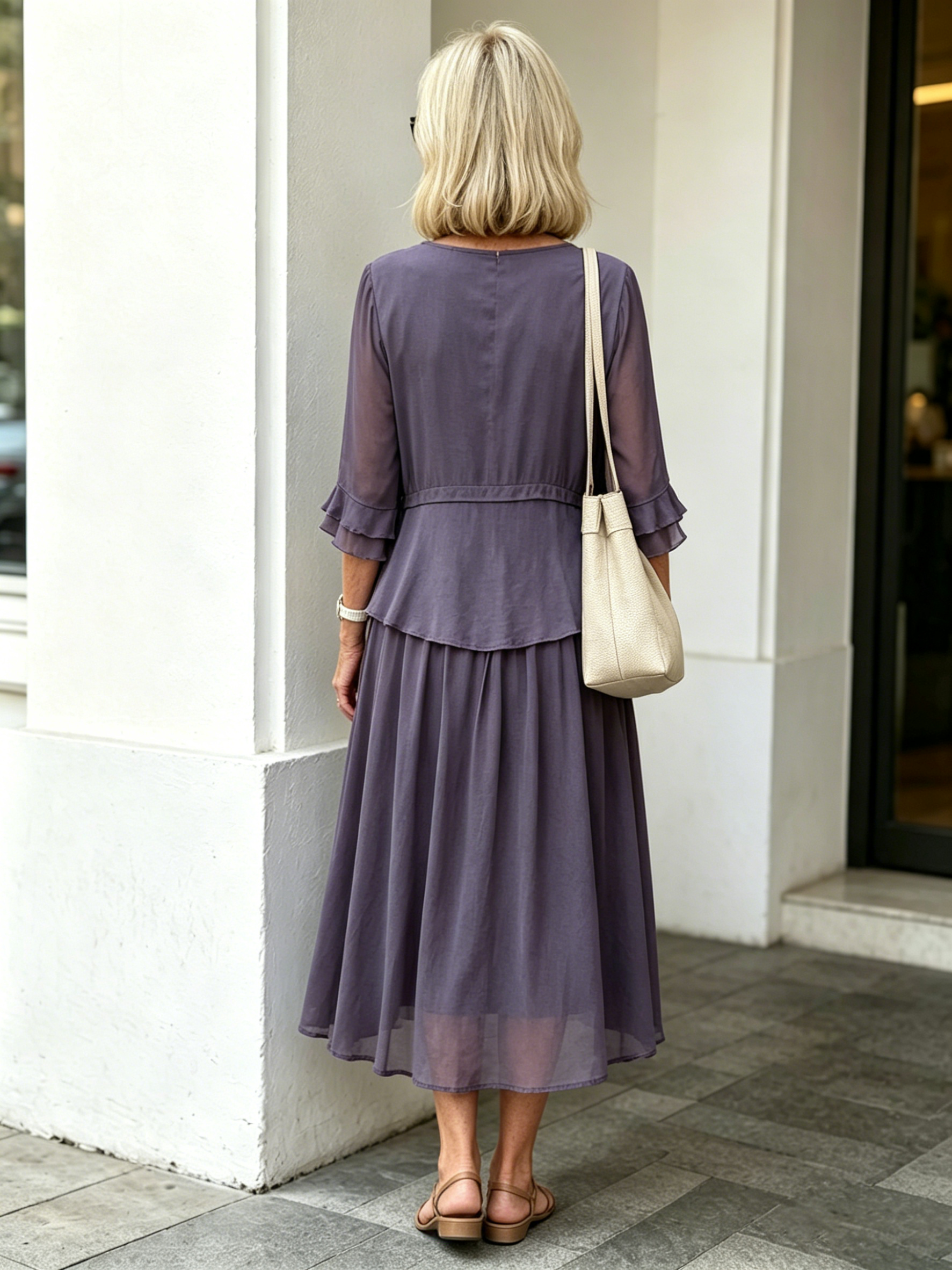 Purple Fake Two-Piece Tiered Chiffon Midi Dress, Round Neck Ruffle 3/4 Sleeve Loose Tummy Concealing Age-Reducing Dress for Mature Women