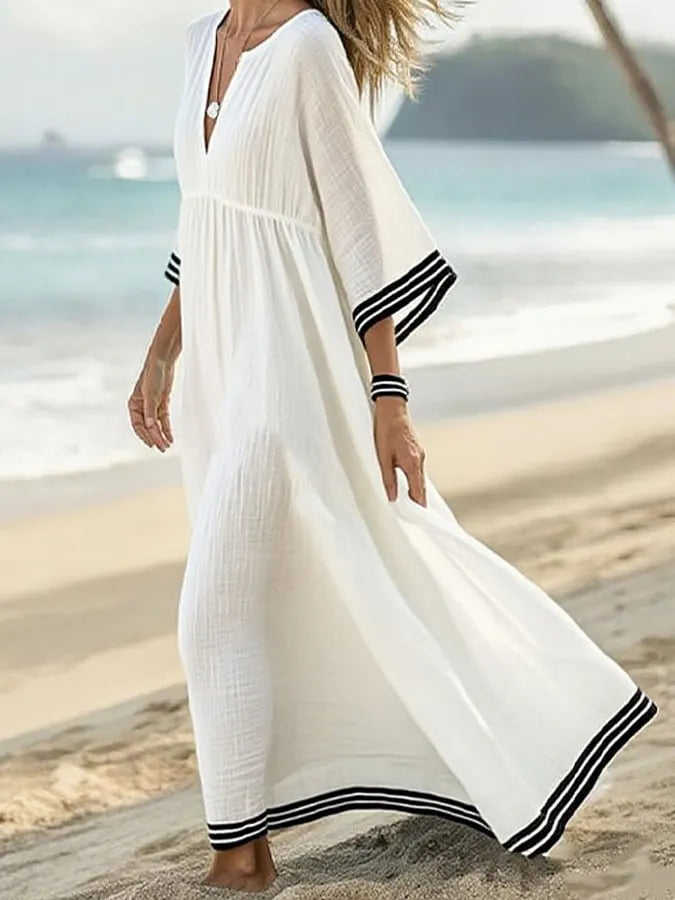 Women's Holiday Stripe Print V-Neck Cotton and Linen Dress