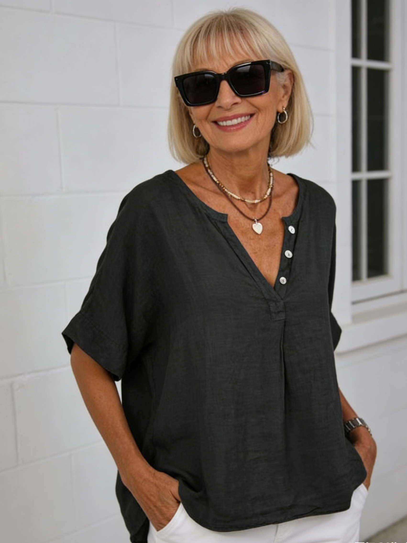 Cotton and Linen Casual Loose Fashion Medium Sleeve Solid Color Door Tube V-neck Button Shirt