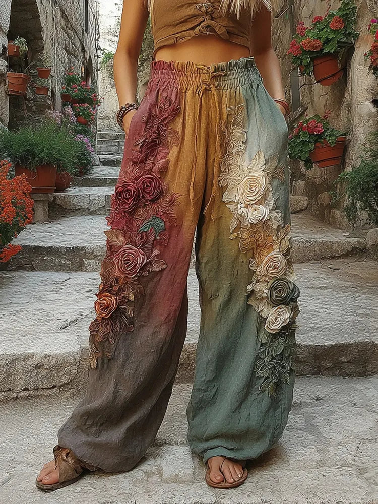 The Sunset Collection Classic Retro Rose And Floral Gradient Art Linen Pants
