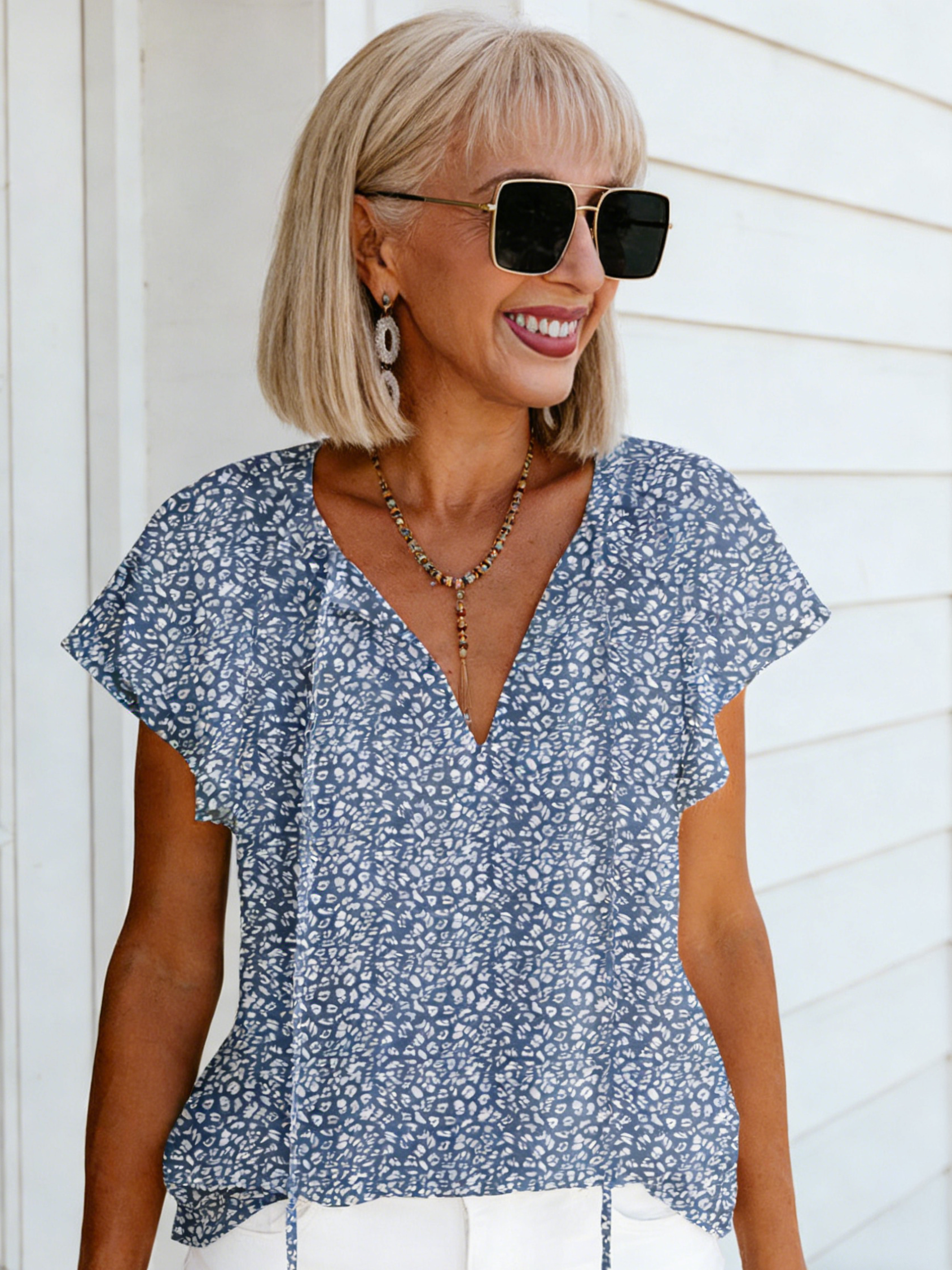 Vibrant Floral Short Sleeve Ruffle Tops - Loose Fit, V Neck, Casual, Boho Chic, Summer & Fall Essential - Womens Blouses for Everyday Wear