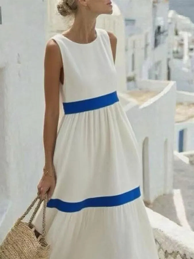 Women'S Round Neck Contrast Color Sleeveless Holiday Loose Dress