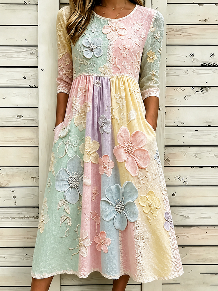 Colorful Color Design Flower Pattern Casual Linen Dress