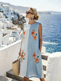 Women'S Round Neck Sleeveless Color-Block Printed Dress