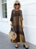 Vintage-Inspired Geometric Print Maxi Dress - Crew Neck, Half Sleeve, Stretchy Polyester Blend, Machine Washable - Women's Fashion