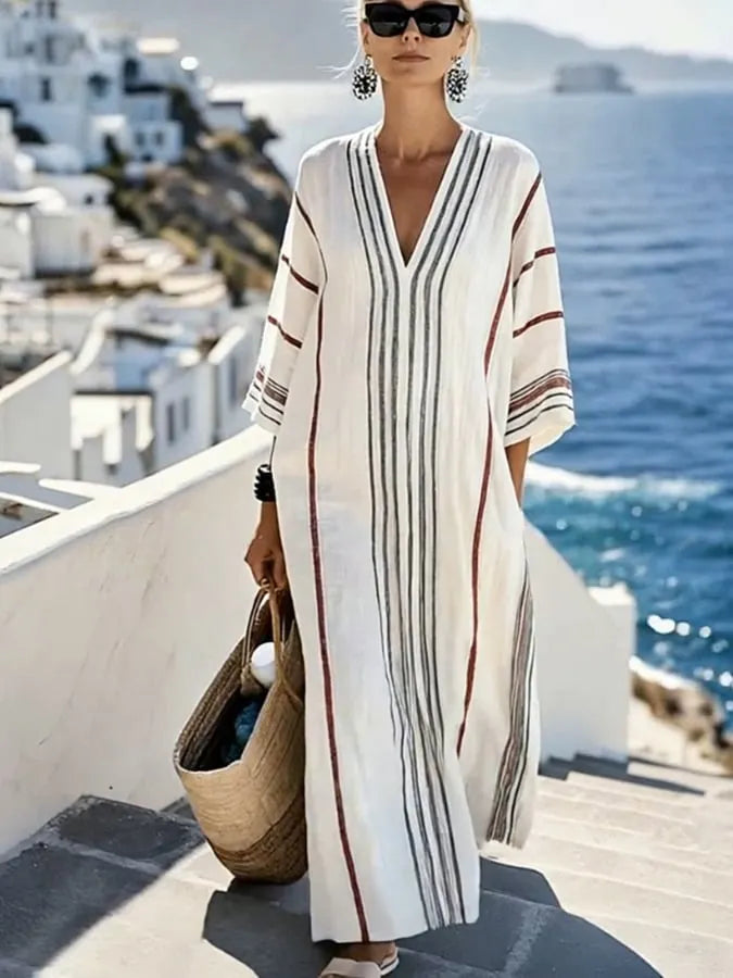 Women'S Casual Color-Block Cotton And Linen Dress