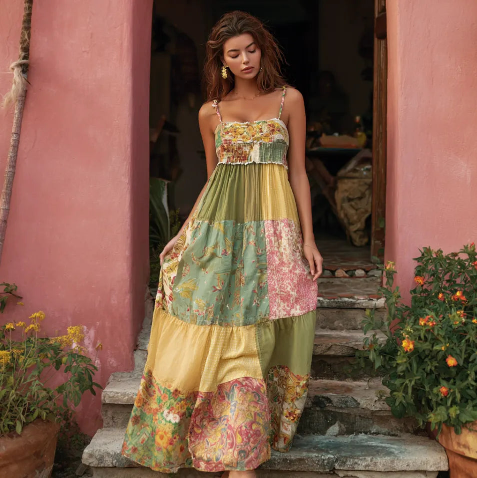 Bohemian Style Plant Flower Pattern Multi-color Women Cotton And Linen Strap Long Dress