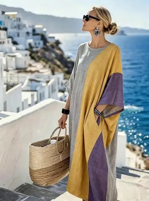 Women'S Casual Color-Block Cotton And Linen Dress