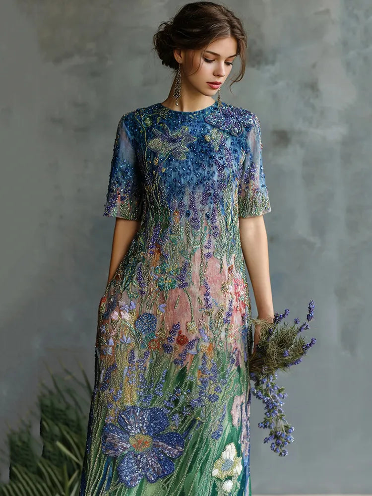 Women's Oil Painting Floral Sequined Maxi Dress