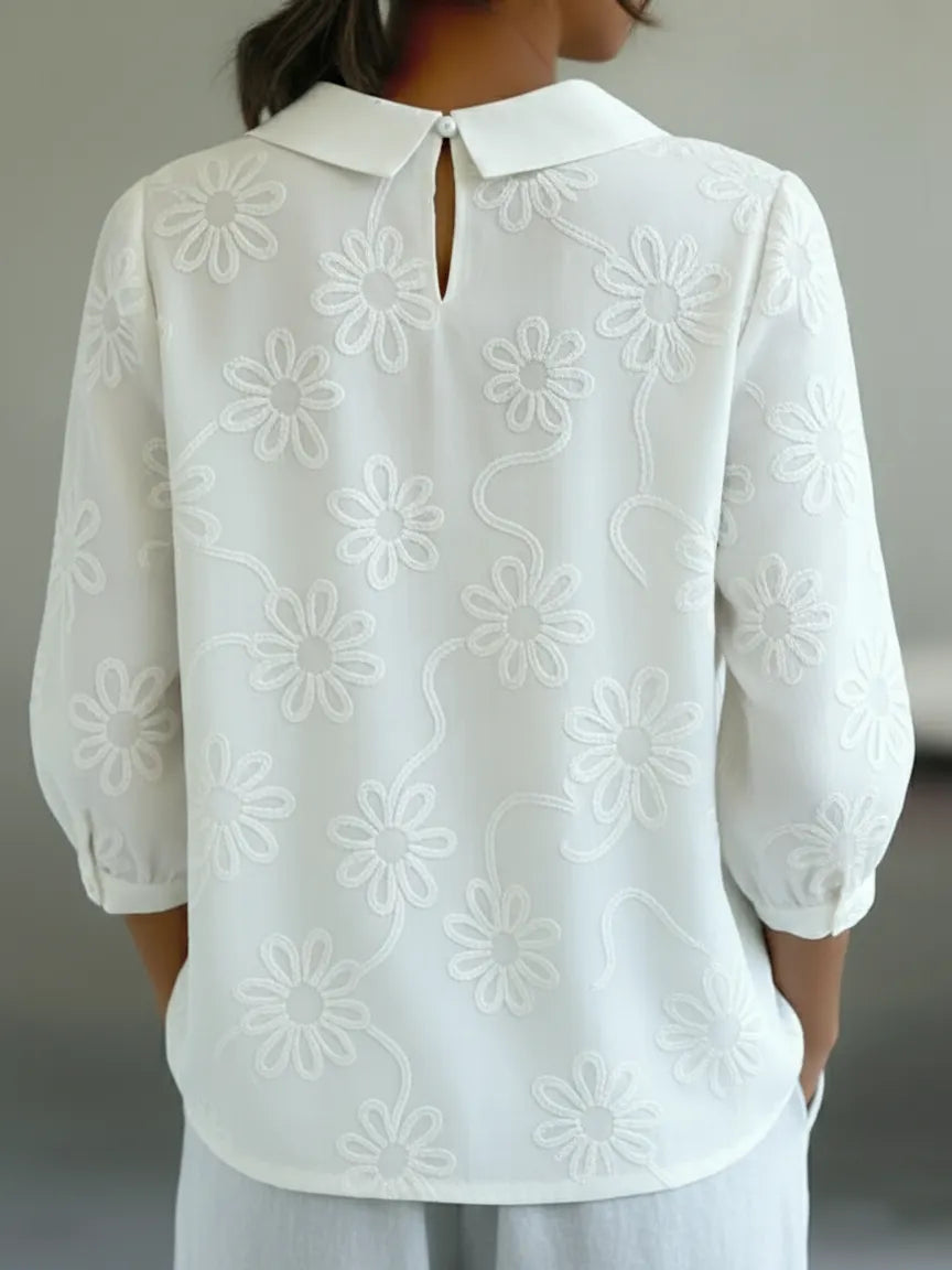 Romantic Floral Embroidered Peter Pan Collar Shirt Blouse