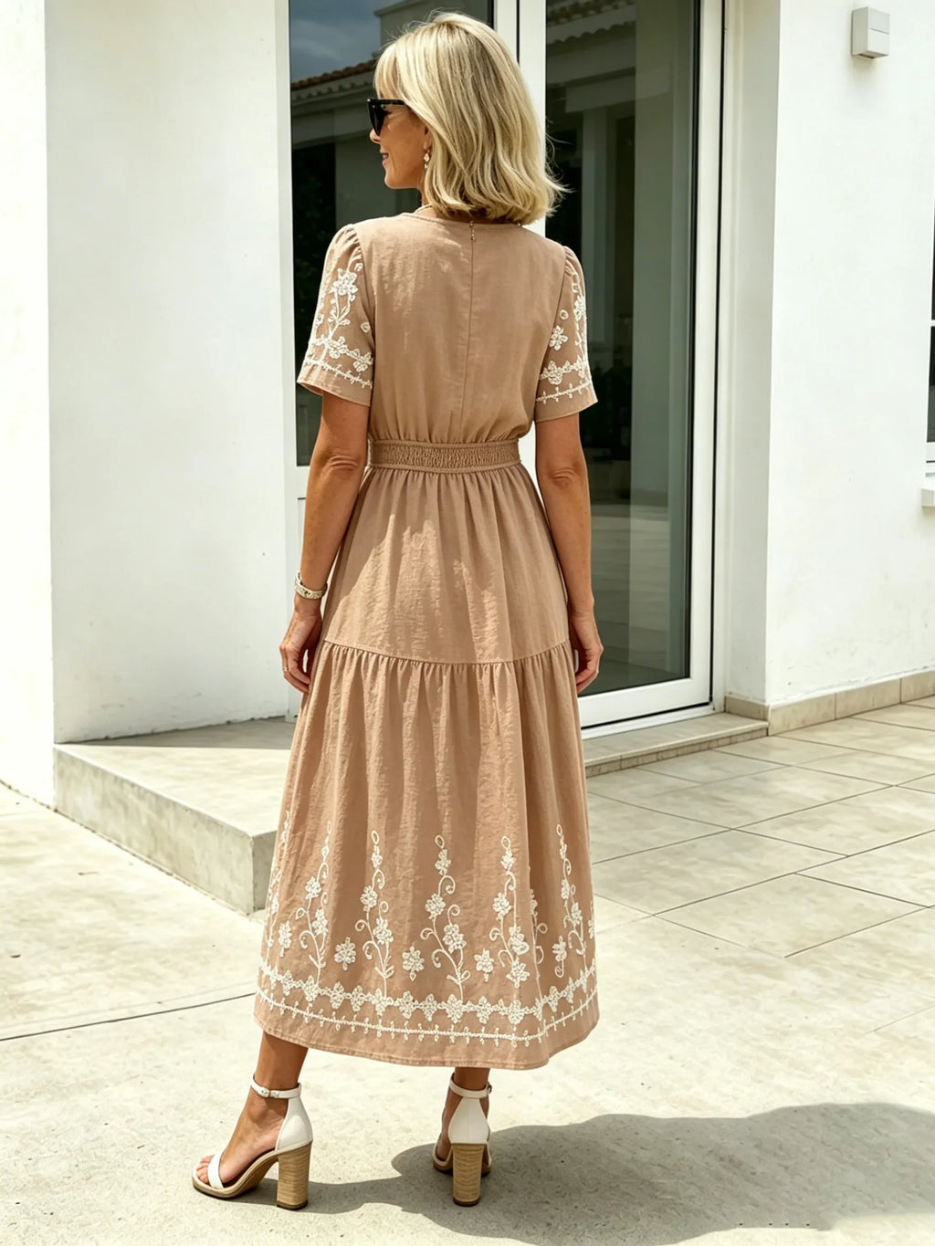Simia Floral Short-sleeved Dress V-neck A-shaped Skirt