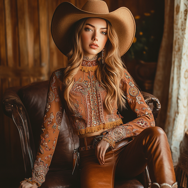 Women's Pendant Embroidery Pattern West Cowboy Bohemian Elegance Ethnic Patterns Crop Top