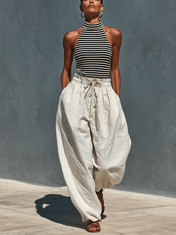 Women’s Black & White Striped Ribbed Knit Halter Top & Beige Linen Drawstring Wide-Leg Pants Two-Piece Set With Pockets MDZ2206D5T