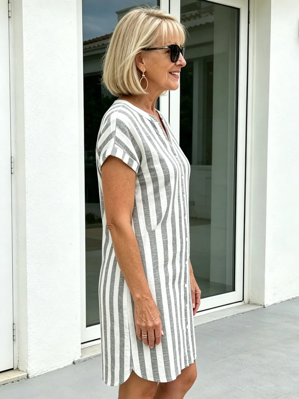 Breathable Cotton Dress Loose Casual Striped Shirt Dress