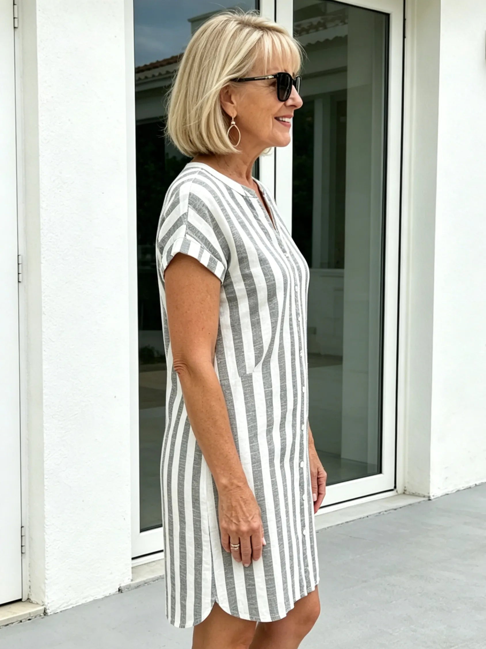 Breathable Cotton Dress Loose Casual Striped Shirt Dress