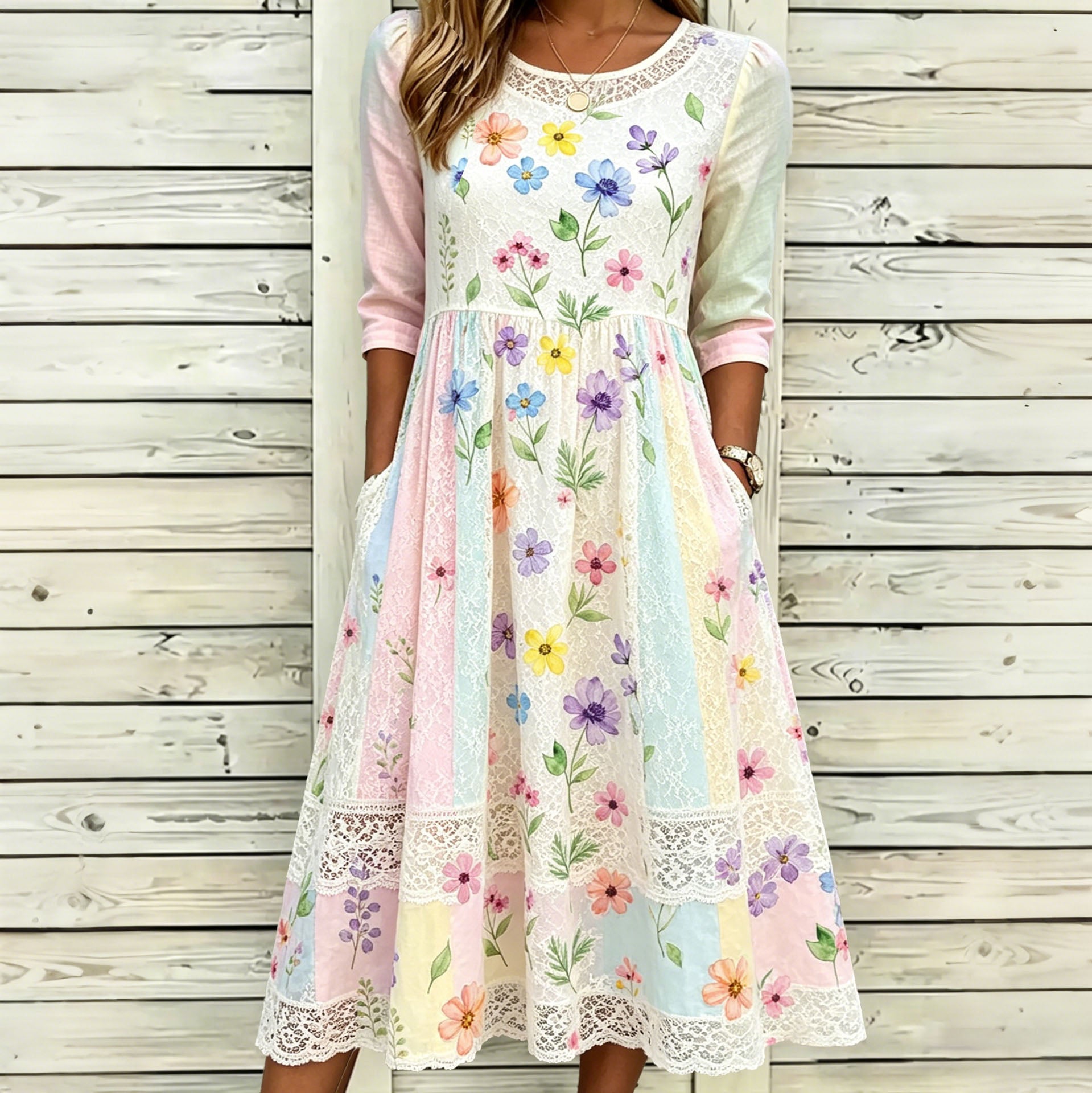 Women's Floral Lace Patchwork Art Color-blocked Casual Cotton Linen Long Dress