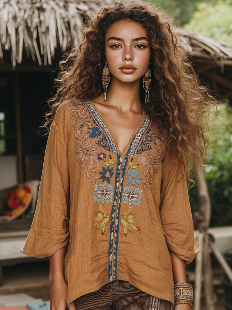Retro Floral Tribal Embroidery Art Cotton And Linen Blend Loose Blouse
