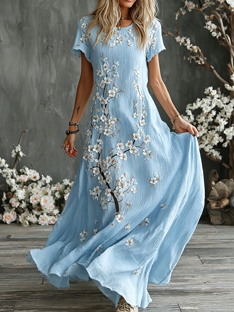 Women's Retro Plum Blossom Embroidery Casual Comfort Round Neck Dress