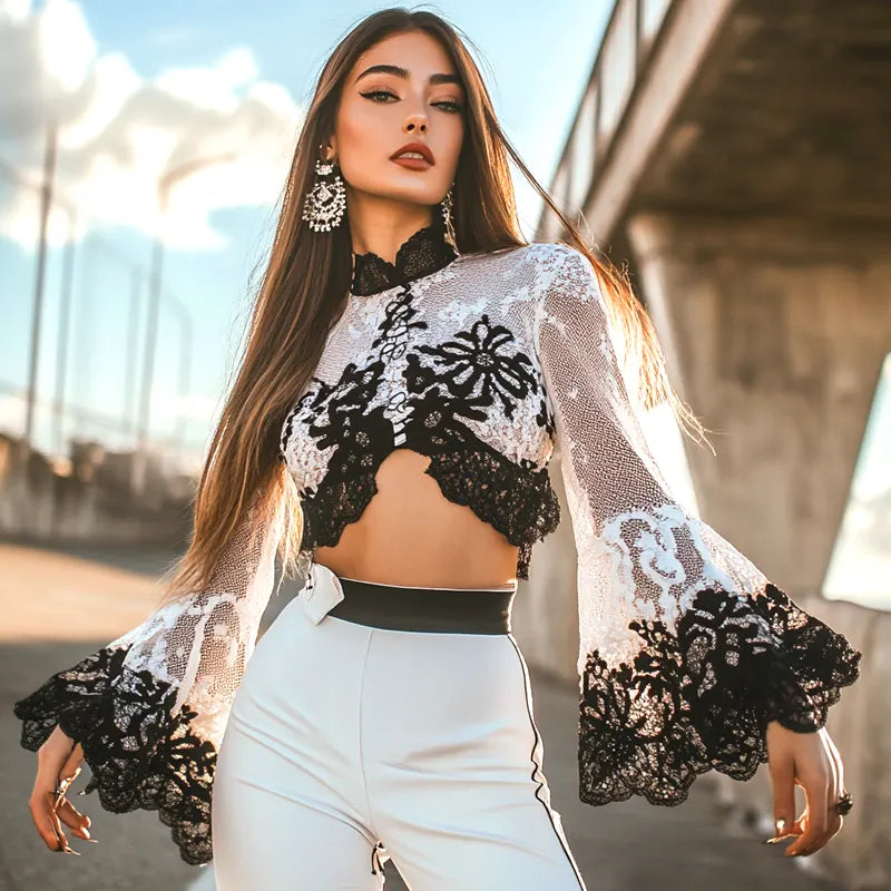 Women's Elegant Lace Crop Top With Bell Sleeves