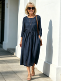 Embroidered Seven-quarter-sleeved Dress for Women's Loose and Thin Lace-up Waist Mid-length Dress