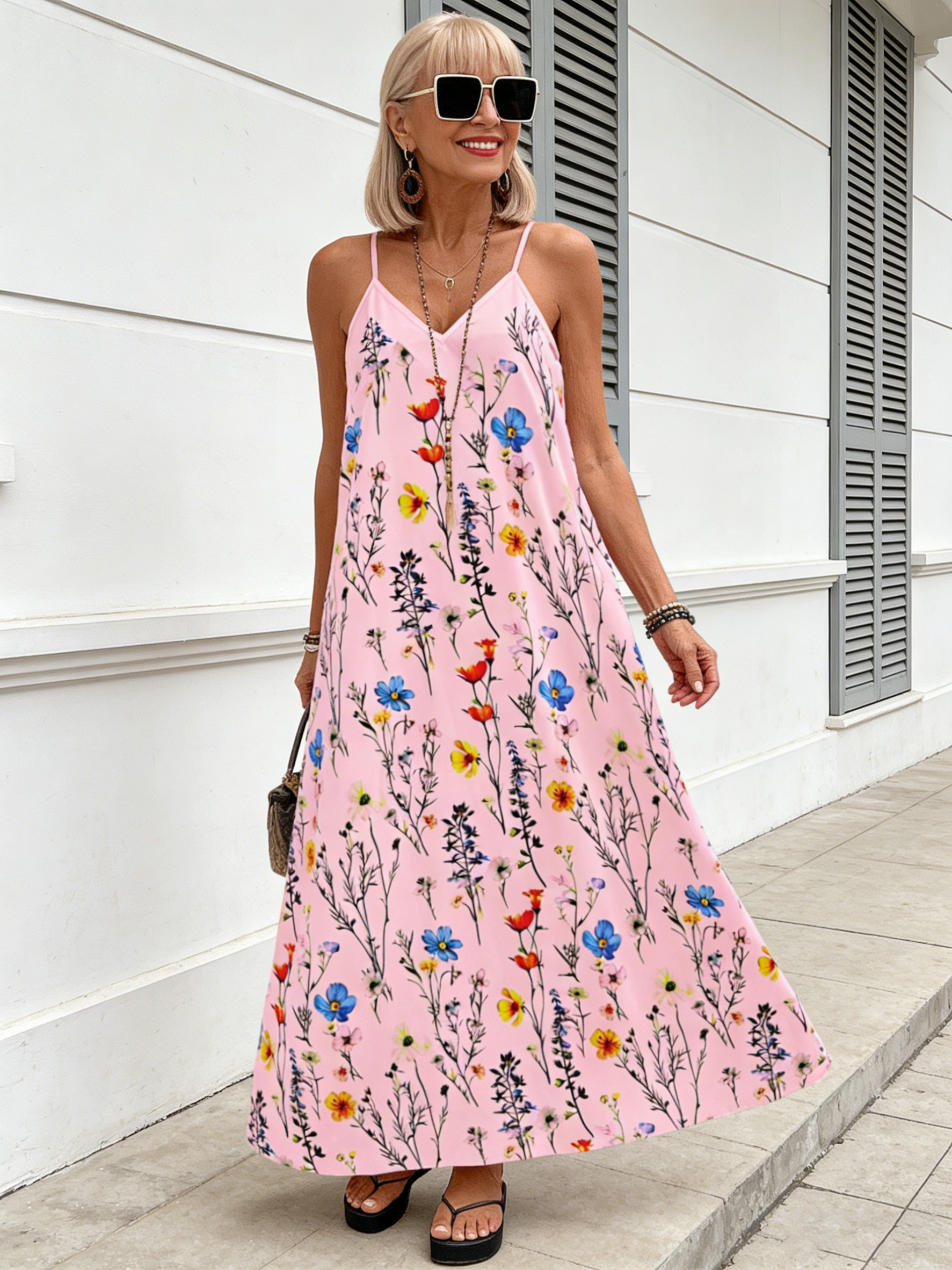 Beach V-neck Slip Print Dress Women's Clothing