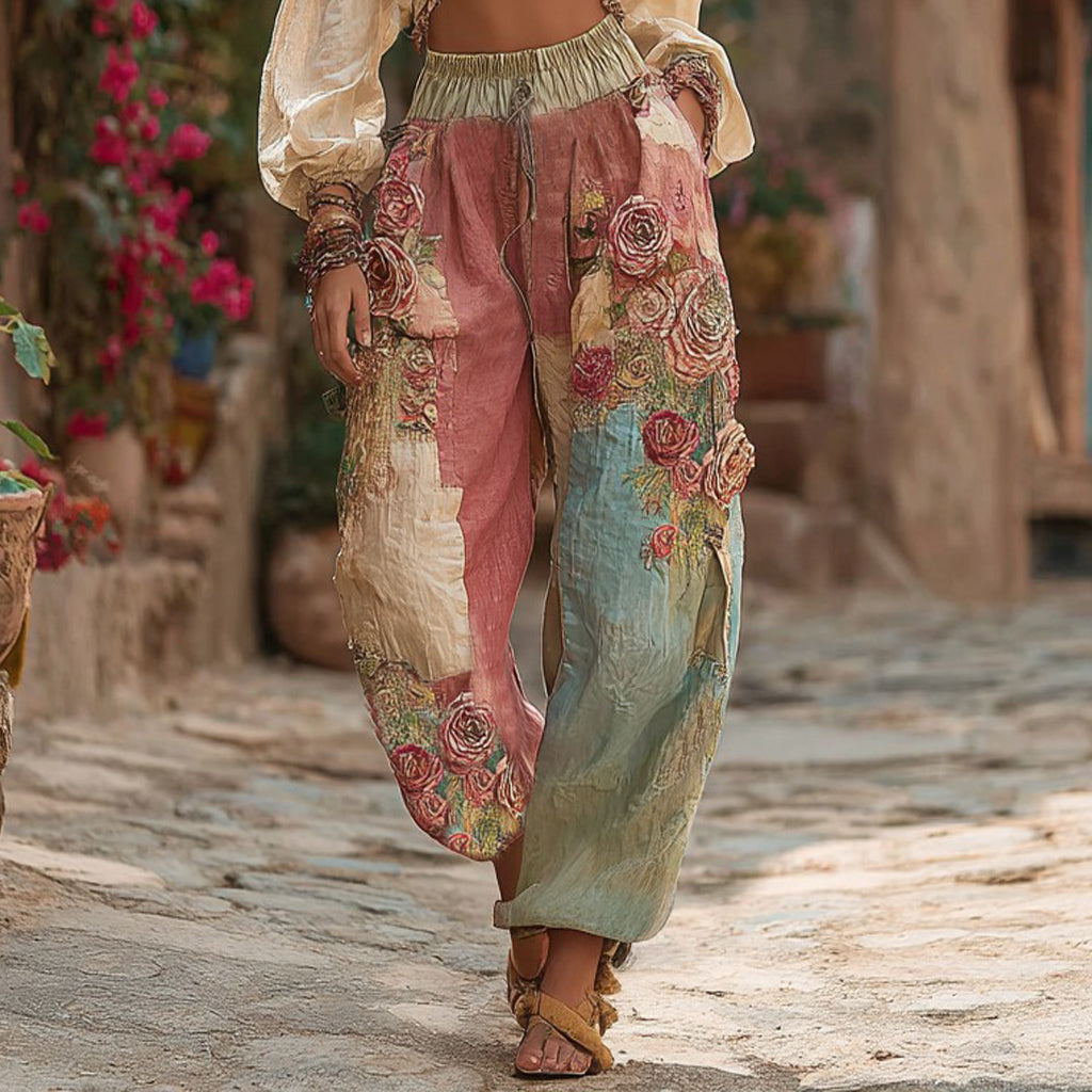 Women's Retro Colorful Rose Stitching Casual Pants