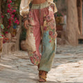 Women's Retro Colorful Rose Stitching Casual Pants