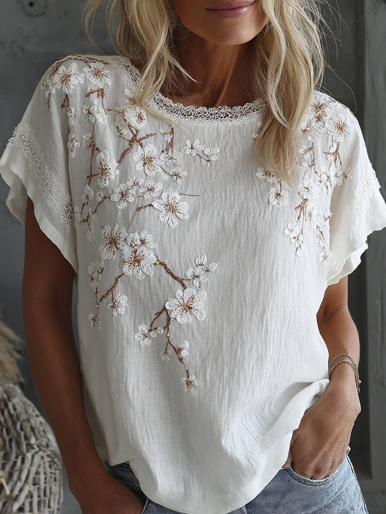 Women's Vintage Floral Art Short Sleeve Casual Linen T-shirt